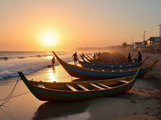 Colorful wooden fishing boats at Port de Pêche in Nouakchott at sunset