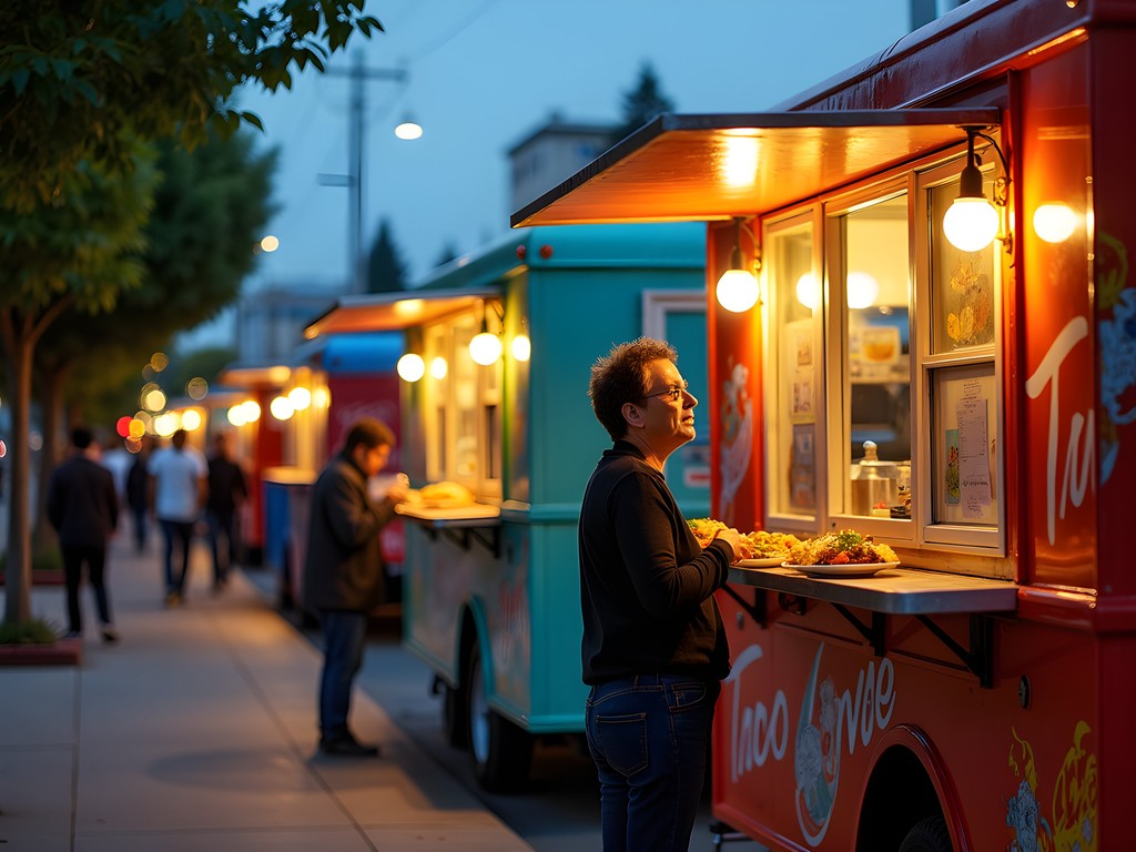 Authentic taco trucks on International Boulevard in Oakland with customers