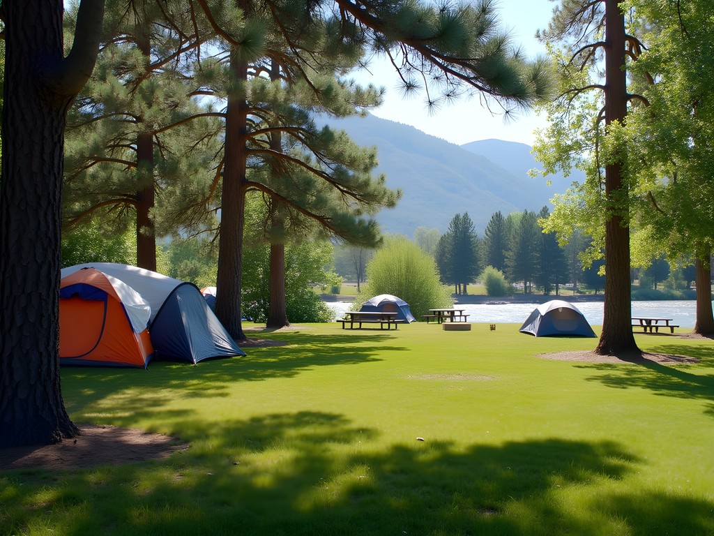 Peaceful riverside campsite at Fort Buenaventura Park in Ogden with tents and mountain views