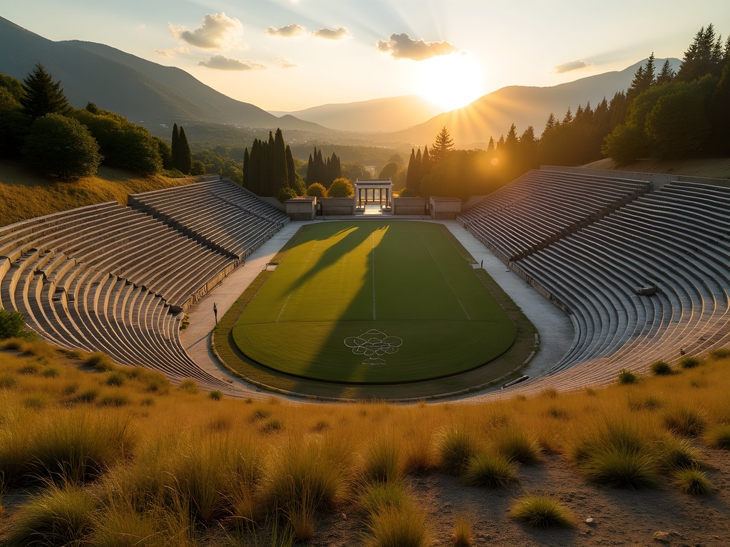 Ancient Olympic stadium at sunrise with golden light and no crowds