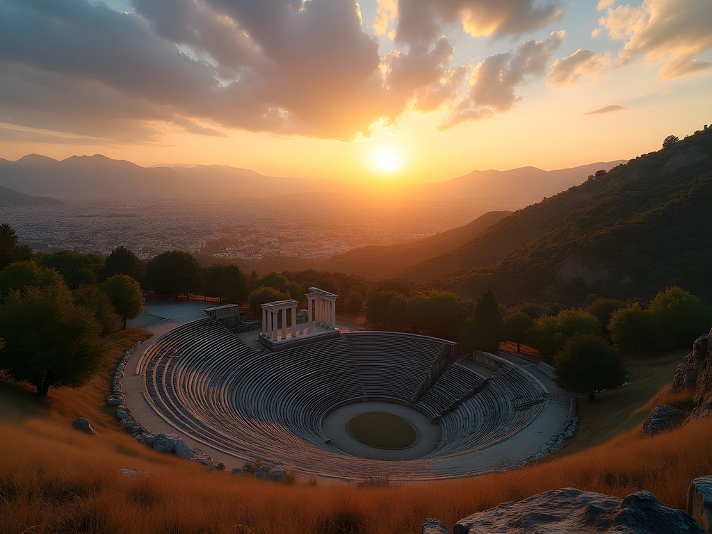 Panoramic sunset view of Ancient Olympia from Hill of Kronos
