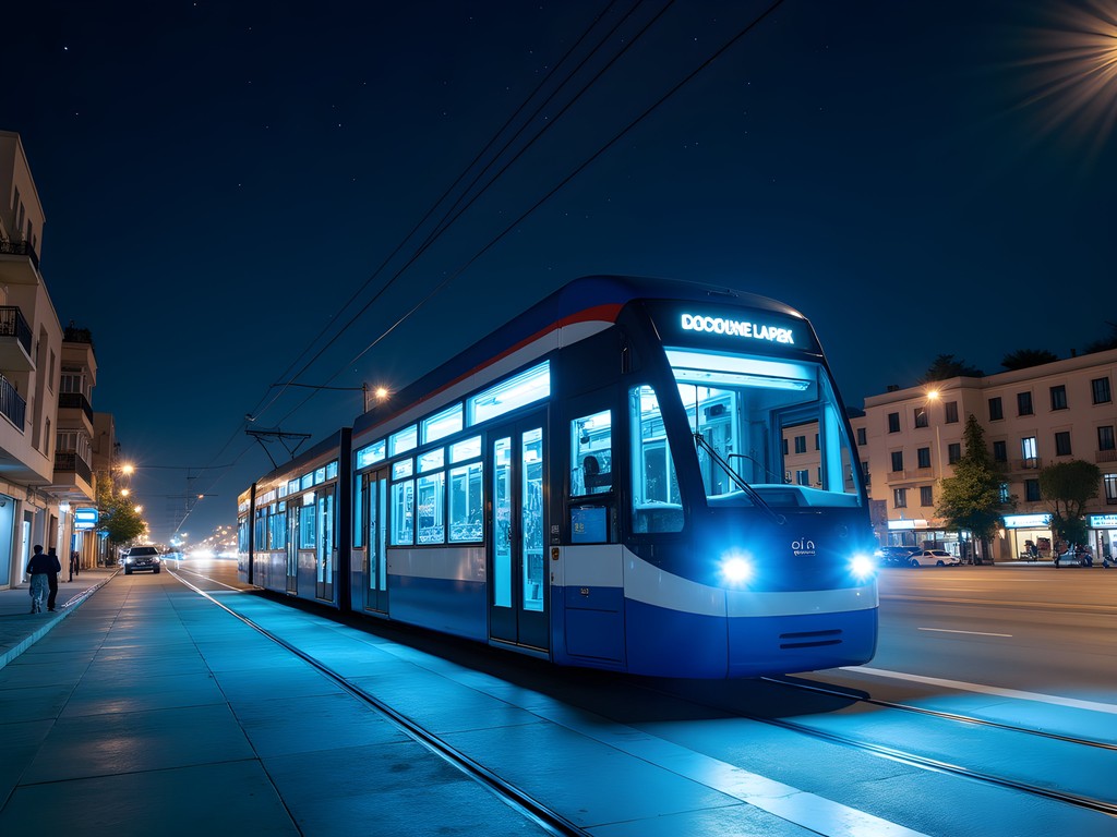 Oran's modern tram at night with starry sky visible above