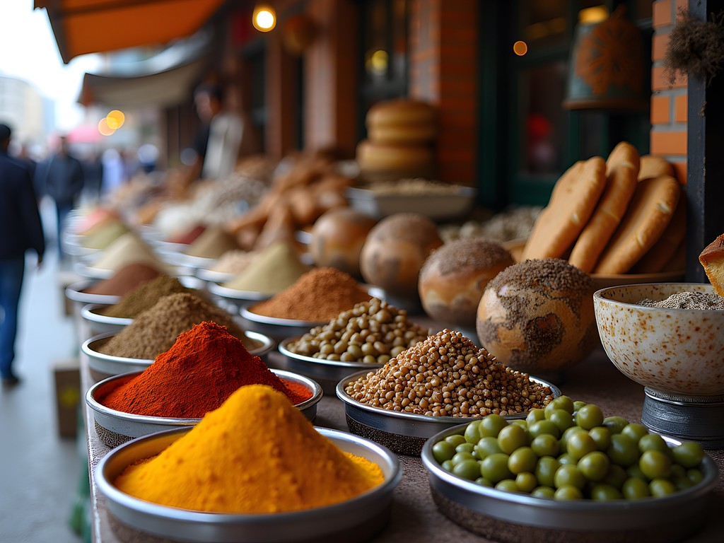 Colorful street food market in Oran with local specialties