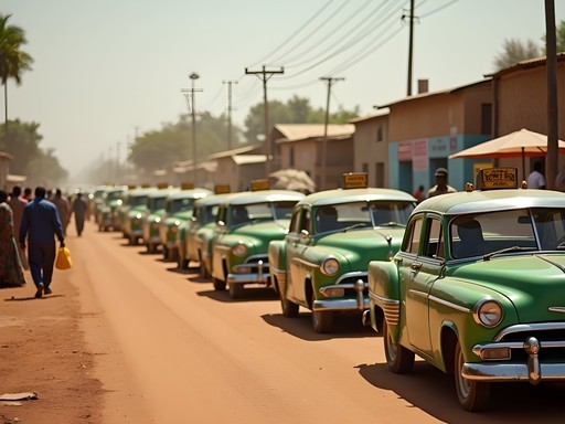 Green shared taxis lined up at a transportation hub in Ouagadougou