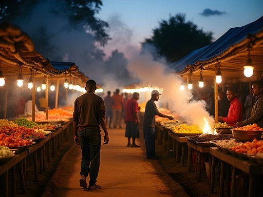 Vibrant evening street food market in Ouagadougou with local vendors and customers