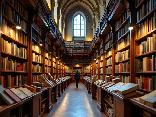 Interior of Blackwell's bookshop in Oxford showing extensive shelves of books