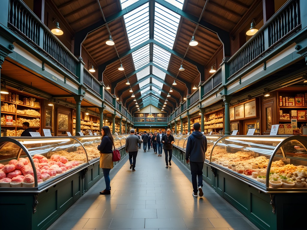 Food stalls and shops in Oxford's historic Covered Market with traditional architecture