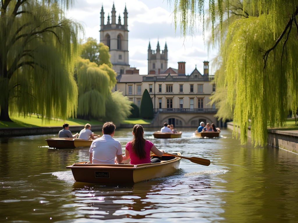 Students punting on the River Cherwell in Oxford with college buildings in background