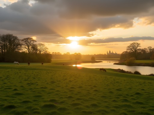 Sunset over Port Meadow in Oxford with the Thames River reflecting golden light