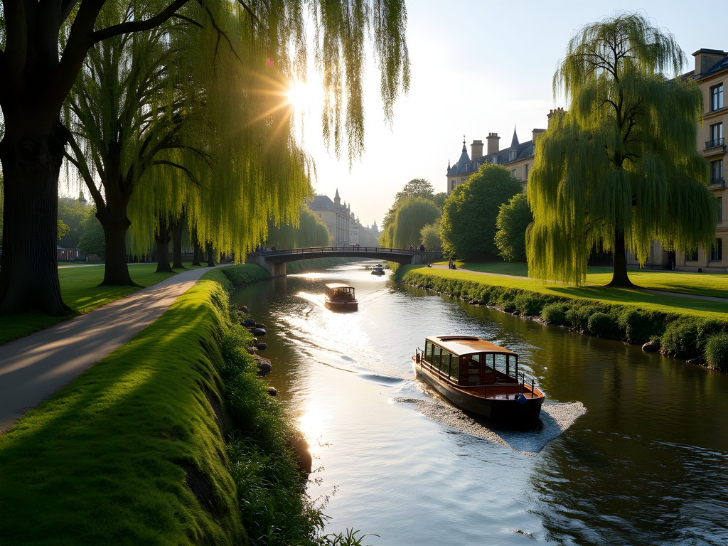 The scenic Thames Path in Oxford with punters on the river and historic buildings in background
