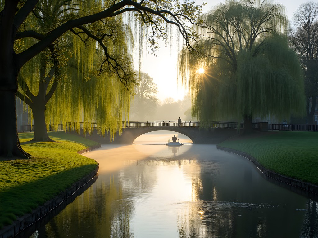 The peaceful River Cherwell flowing through University Parks in Oxford with punters