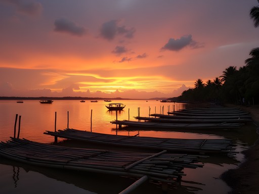 Sunset over bamboo fishing platforms in Si Phan Don