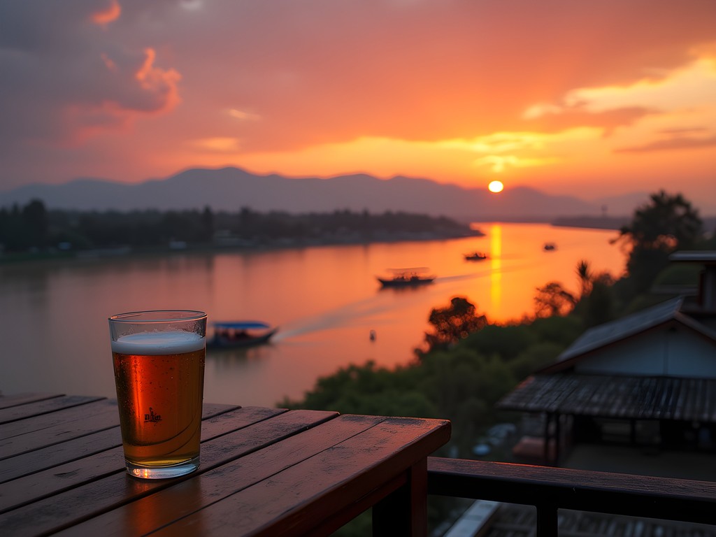 Sunset over Mekong River from Pakse Hotel rooftop