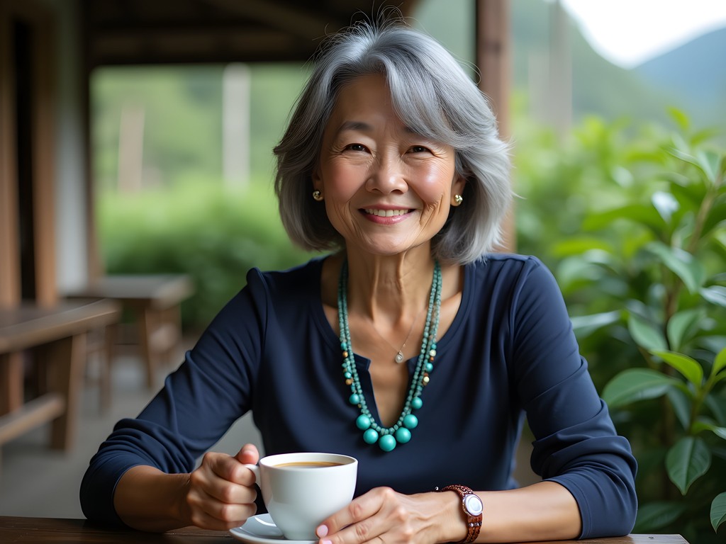 Korean woman enjoying coffee at Bolaven Plateau plantation
