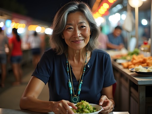 Senior Korean woman enjoying food at Pakse night market