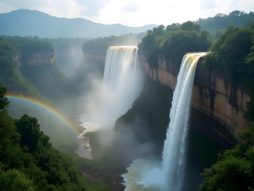 Twin cascades of Tad Fane waterfall in Bolaven Plateau