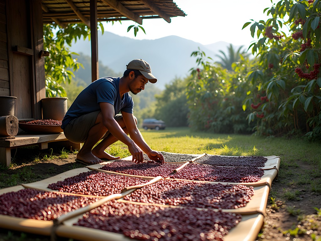 Coffee processing demonstration at a small family-run plantation on the Bolaven Plateau