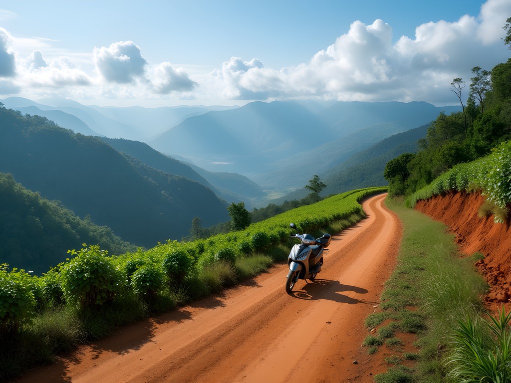 Scenic road through coffee plantations on the Bolaven Plateau with parked scooter