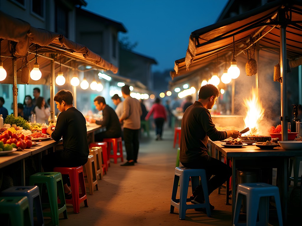 Vibrant evening street food market in Pakse with local vendors and fresh ingredients