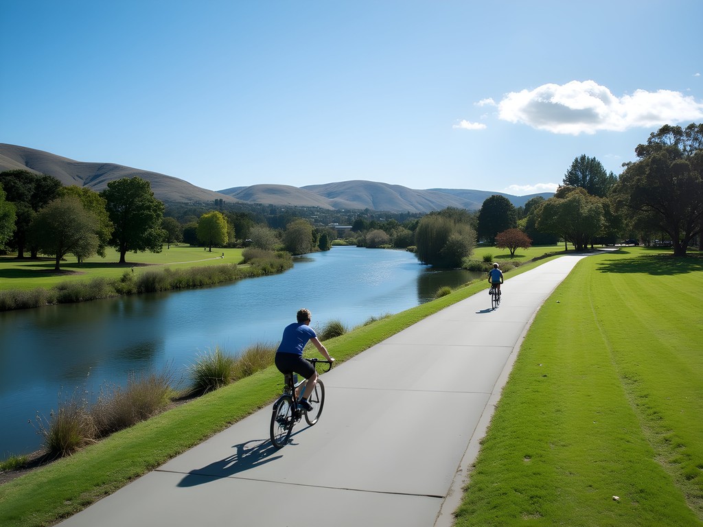 Scenic cycling path along the Manawatu River with green spaces and city views