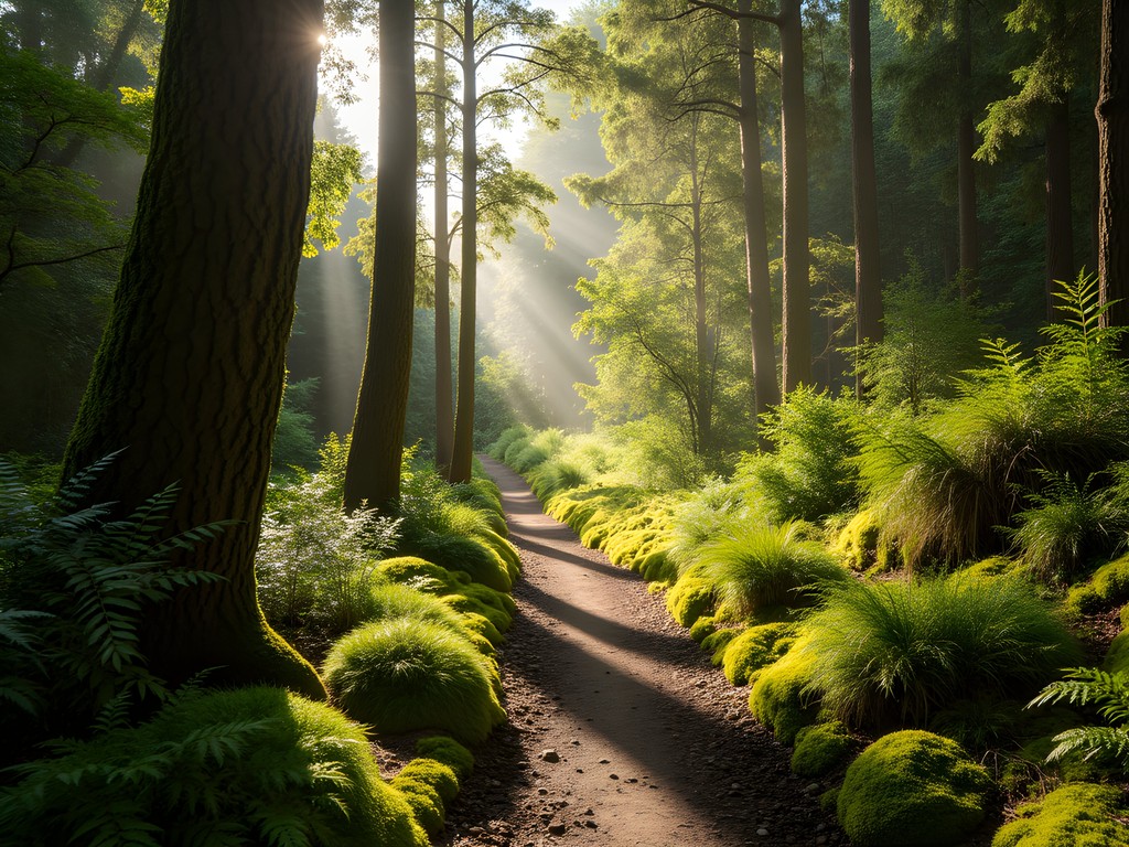 Lush forest path on the Tawa Loop Track in Manawatu Gorge with sunlight filtering through trees