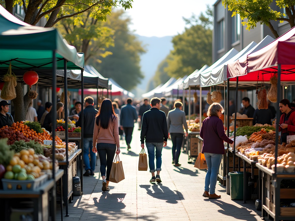 Colorful produce stalls at Palmerston North Farmers Market with local vendors