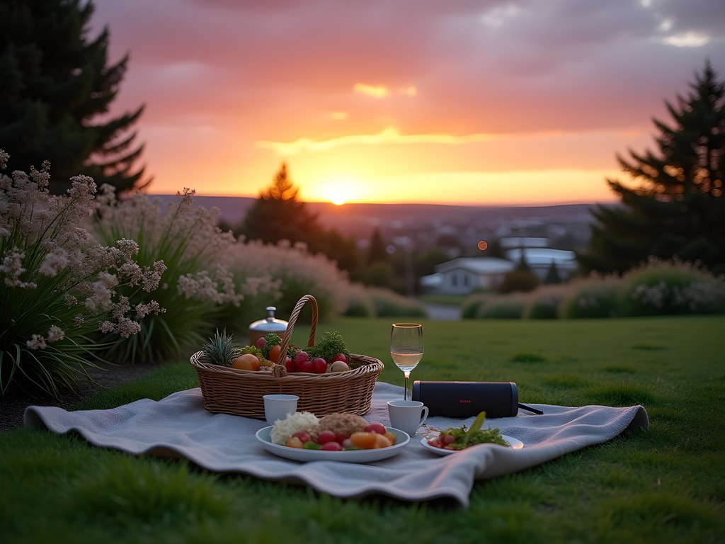 Evening picnic setup at Victoria Esplanade Gardens with sunset colors over Palmerston North