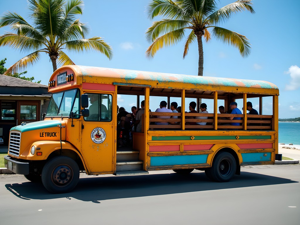 Colorful 'le truck' public transportation in Papeete with locals and travelers