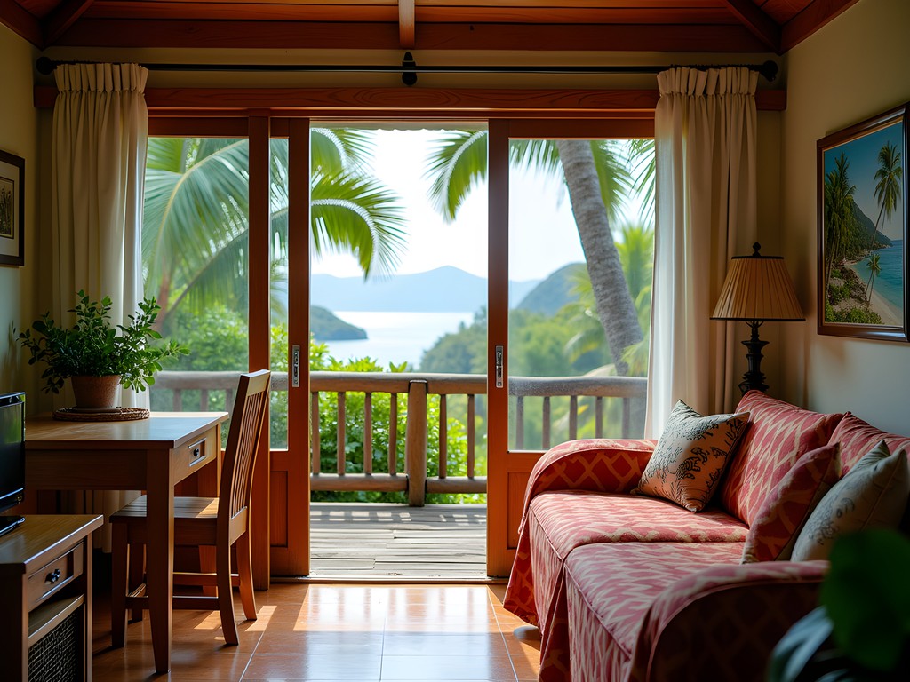 View from an affordable pension guesthouse in Papeete showing the ocean and tropical garden