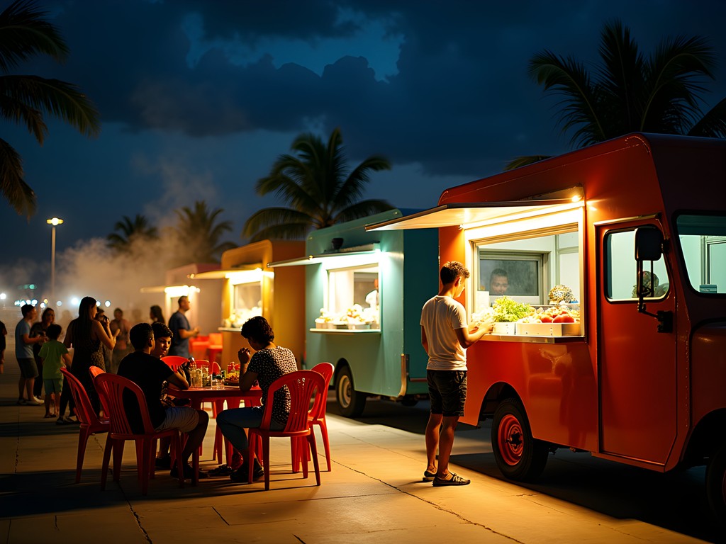 Evening food trucks (roulottes) at Place Vai'ete in Papeete with diners enjoying affordable local cuisine