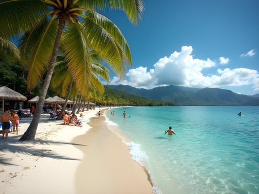 Free public beach near Papeete with turquoise water and palm trees