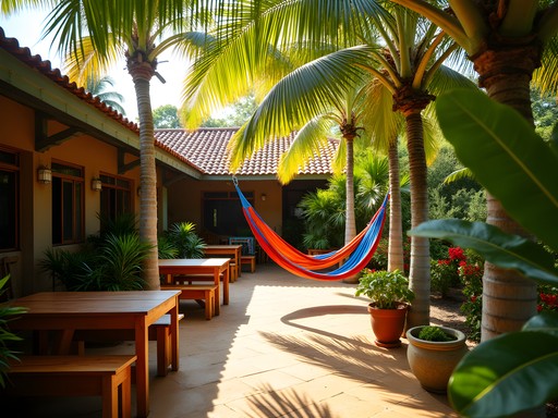 Tropical garden with hammocks at a budget guesthouse in Paramaribo