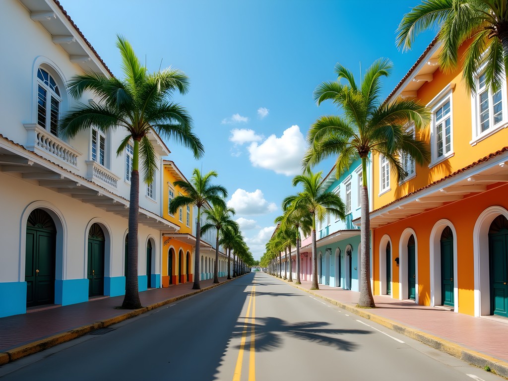 Historic Dutch colonial buildings in downtown Paramaribo with colorful facades