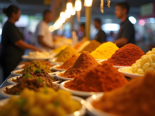 Colorful street food stalls at Paramaribo Central Market with local cuisine