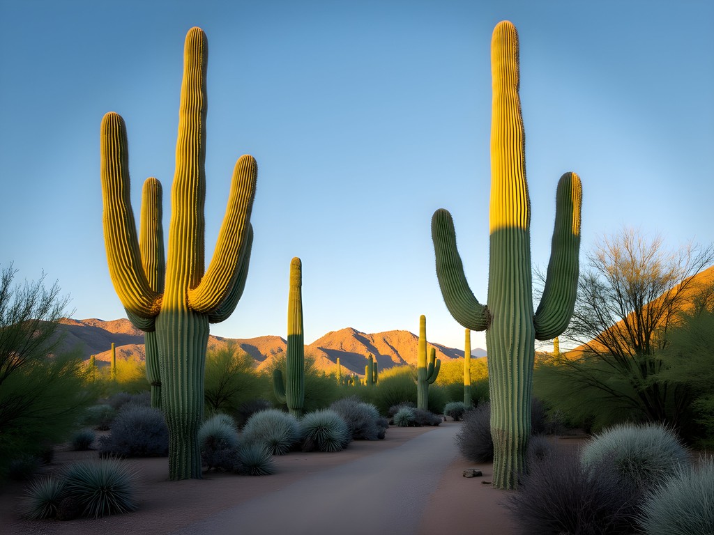 Morning light illuminating saguaro cacti collection at Phoenix Desert Botanical Garden
