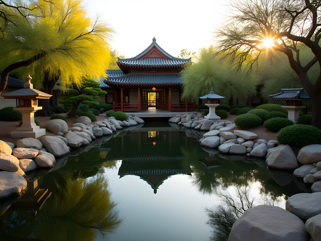 Tranquil pond and traditional structures at Japanese Friendship Garden in Phoenix