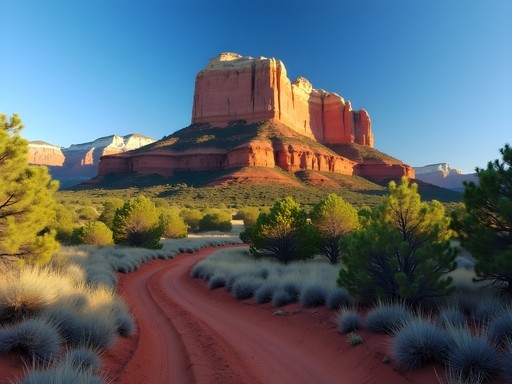 View of Cathedral Rock formation in Sedona with student hikers