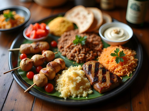 Abundant Mediterranean family platter with hummus, kabobs, rice, and salad at Pike Creek restaurant