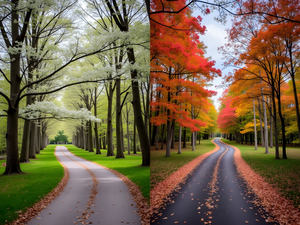 Split image showing Pike Creek's White Clay Creek area in spring bloom and fall foliage