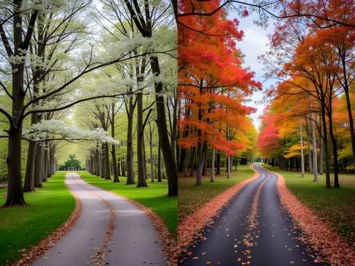 Split image showing Pike Creek's White Clay Creek area in spring bloom and fall foliage