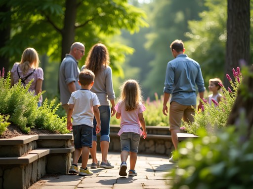 Family exploring interactive exhibits at University of Delaware Botanic Gardens children's section