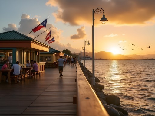Sunset at La Guancha Boardwalk in Ponce with food kiosks and ocean view