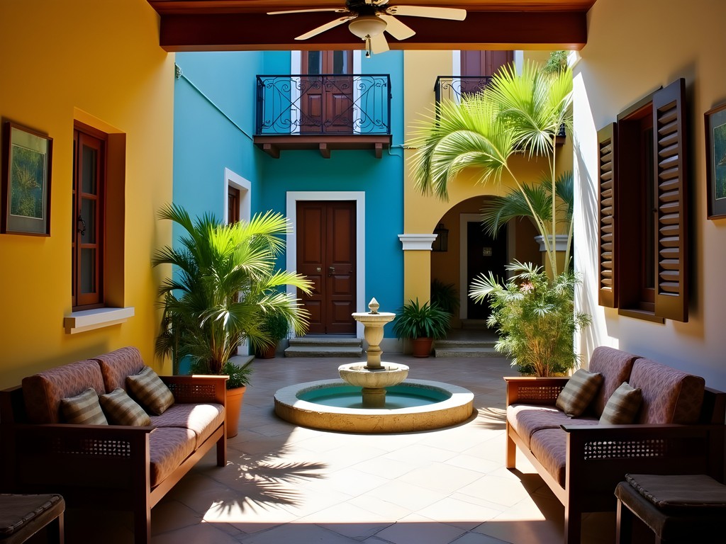Traditional colonial guesthouse in Ponce historic district with colorful facade and interior courtyard