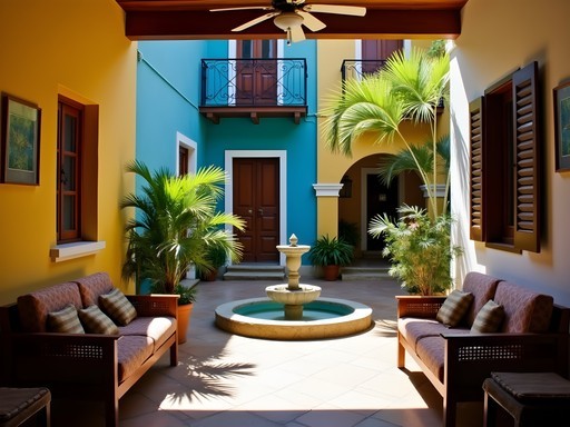 Traditional colonial guesthouse in Ponce historic district with colorful facade and interior courtyard