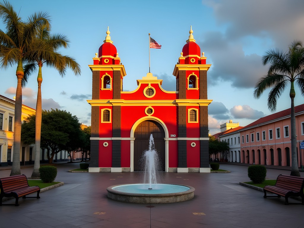 Sunrise at Plaza Las Delicias with the iconic red and black striped Parque de Bombas in Ponce, Puerto Rico