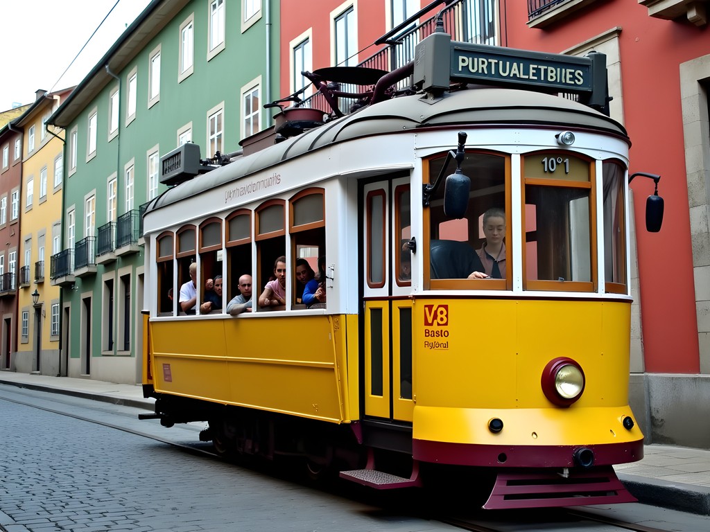 Historic yellow tram in Porto passing colorful buildings