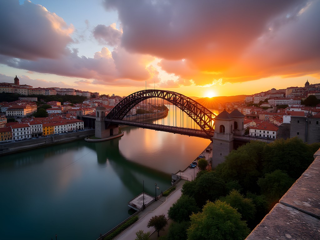 Sunset view from Dom Luis I Bridge in Porto with the Douro River and colorful buildings