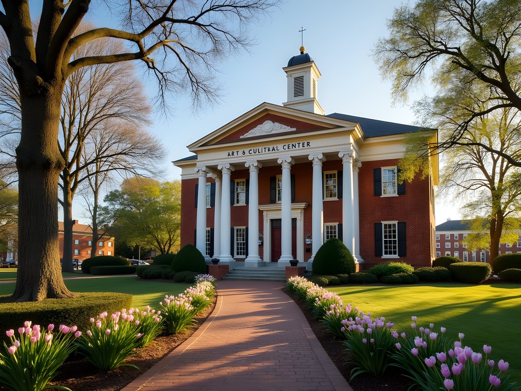 Portsmouth Art & Cultural Center with spring flowers and historic architecture