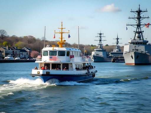 Elizabeth River Ferry with Portsmouth waterfront and naval ships in background during spring