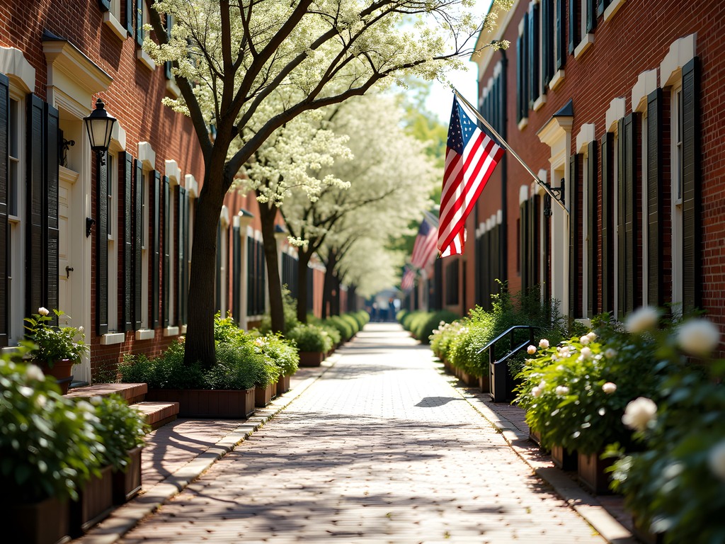 Tree-lined historic street in Portsmouth with blooming dogwood trees and colonial architecture